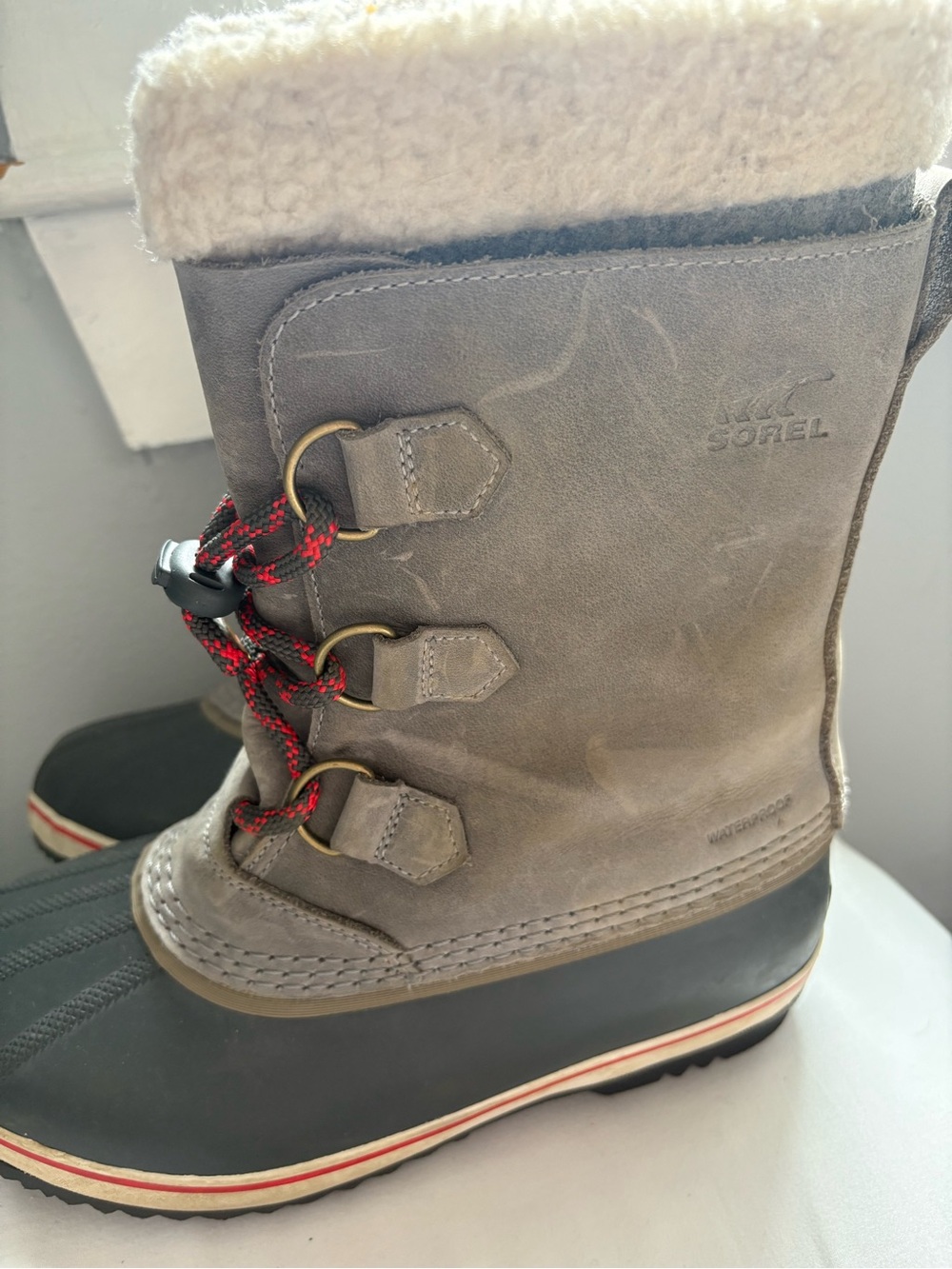 Sorel Kids Gray and Black Waterproof Winter Boots with Red Accents